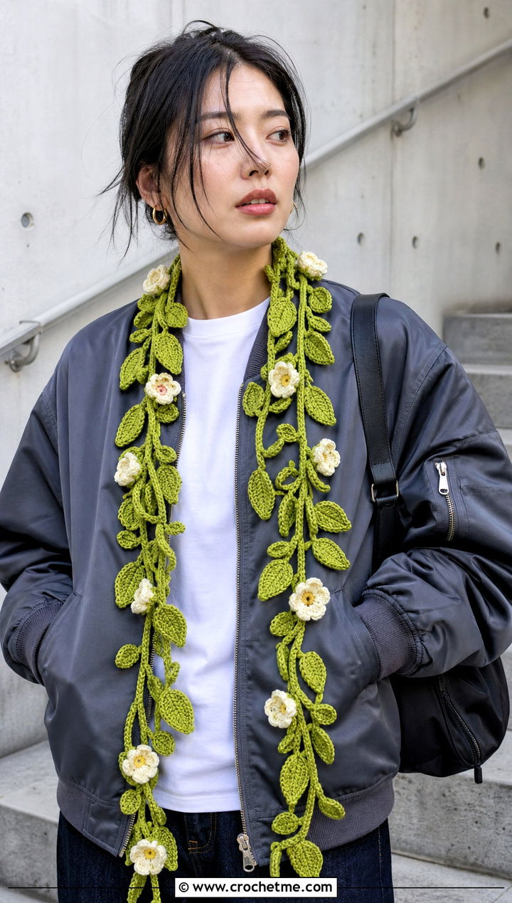 Irish Crochet Vine Scarf With Cargo Pants - 25 irish crochet scarf outfit ideas