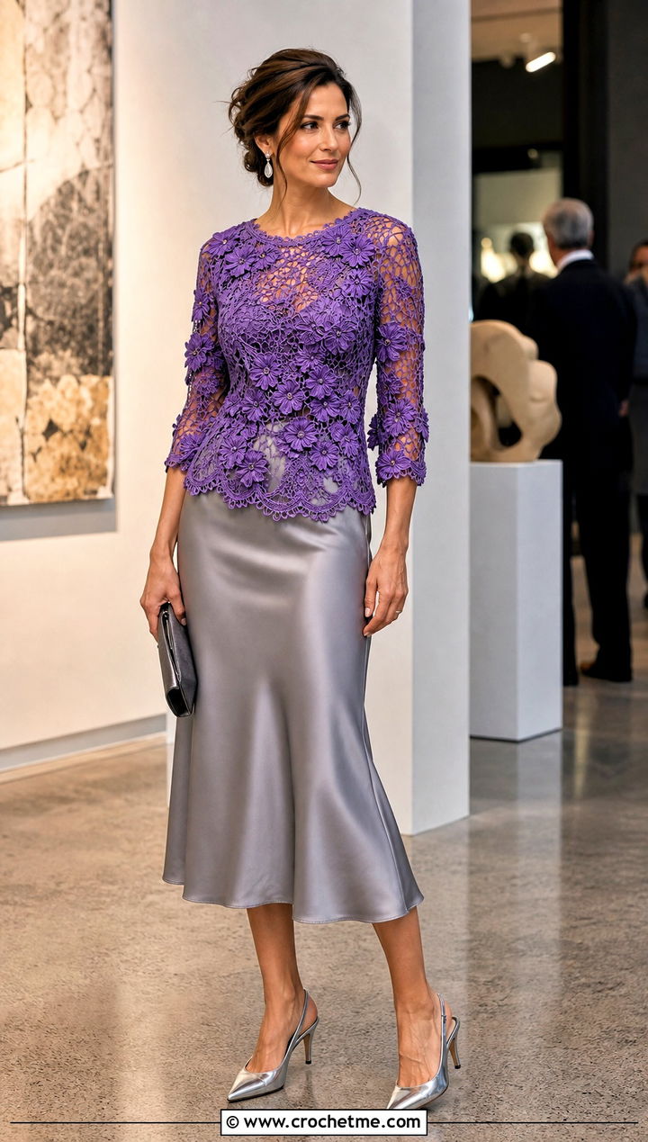 Irish Lace Blouse With Satin Midi Skirt - 35 crochet thread top outfit ideas