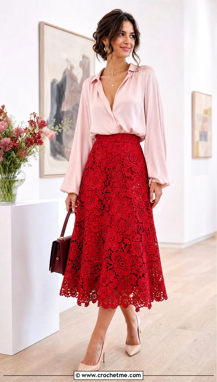 Irish Lace Crochet A Line Skirt With Silk Blouse - 25 Crochet A Line Skirt outfit ideas