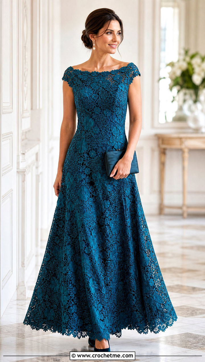 Irish Lace Crochet Ball Gown With Satin Pumps - 30 crochet ball gown dress outfit ideas