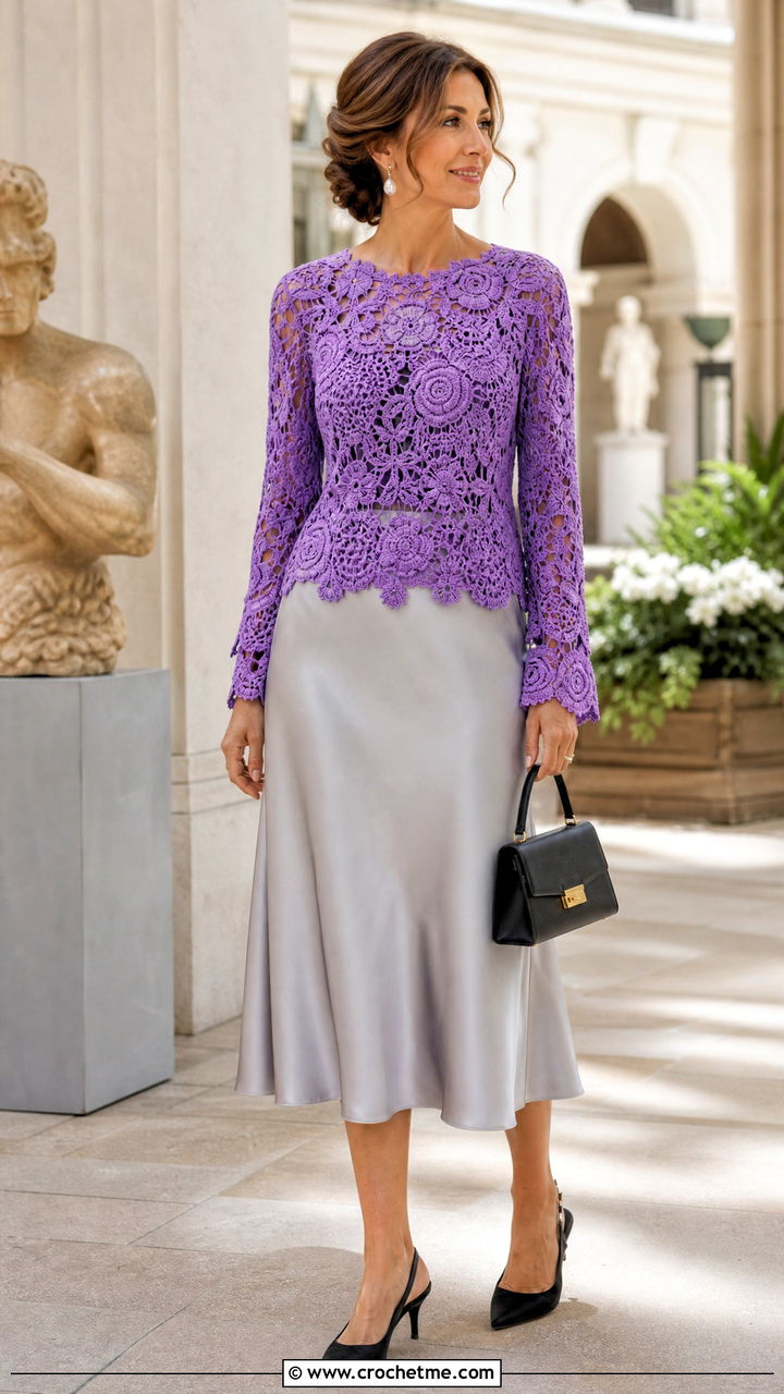 Irish Lace Crochet Blouse With Satin Midi Skirt - 35 crochet blouse outfit ideas