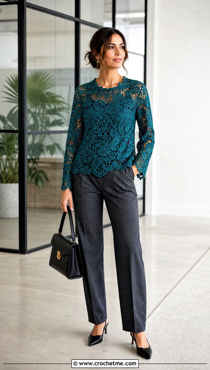 Irish Lace Crochet Blouse With Tailored Trousers - 30 vintage crochet clothes and outfit ideas