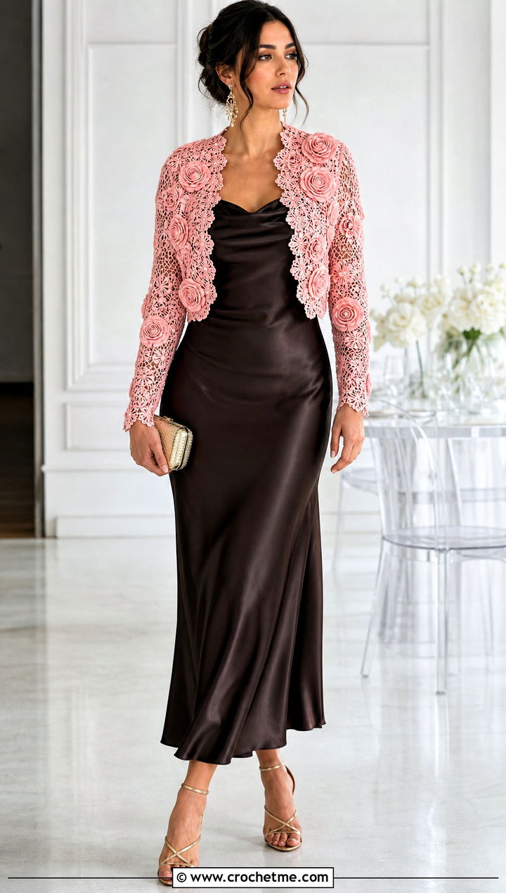 Irish Lace Crochet Bridal Bolero Jacket With Satin Slip Dress - 15 irish lace crochet jacket outfit ideas
