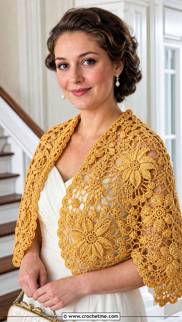 Irish Lace Crochet Bridal Shawl With Vintage Sleeve Gown - 25 Crochet Bridal Shawl outfit ideas