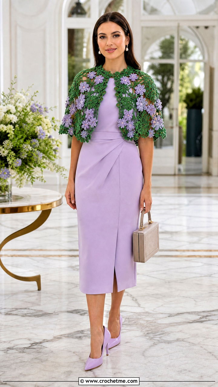 Irish Lace Crochet Capelet With Tailored Midi Dress - 35 crochet capelet outfit ideas