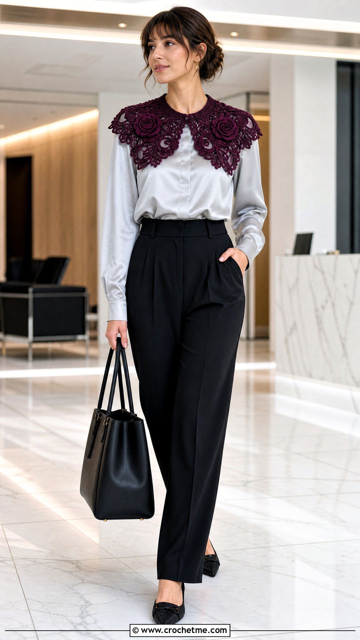 Irish Lace Crochet Collar With Satin Blouse And Suit Pants - 35 crochet collar outfit ideas