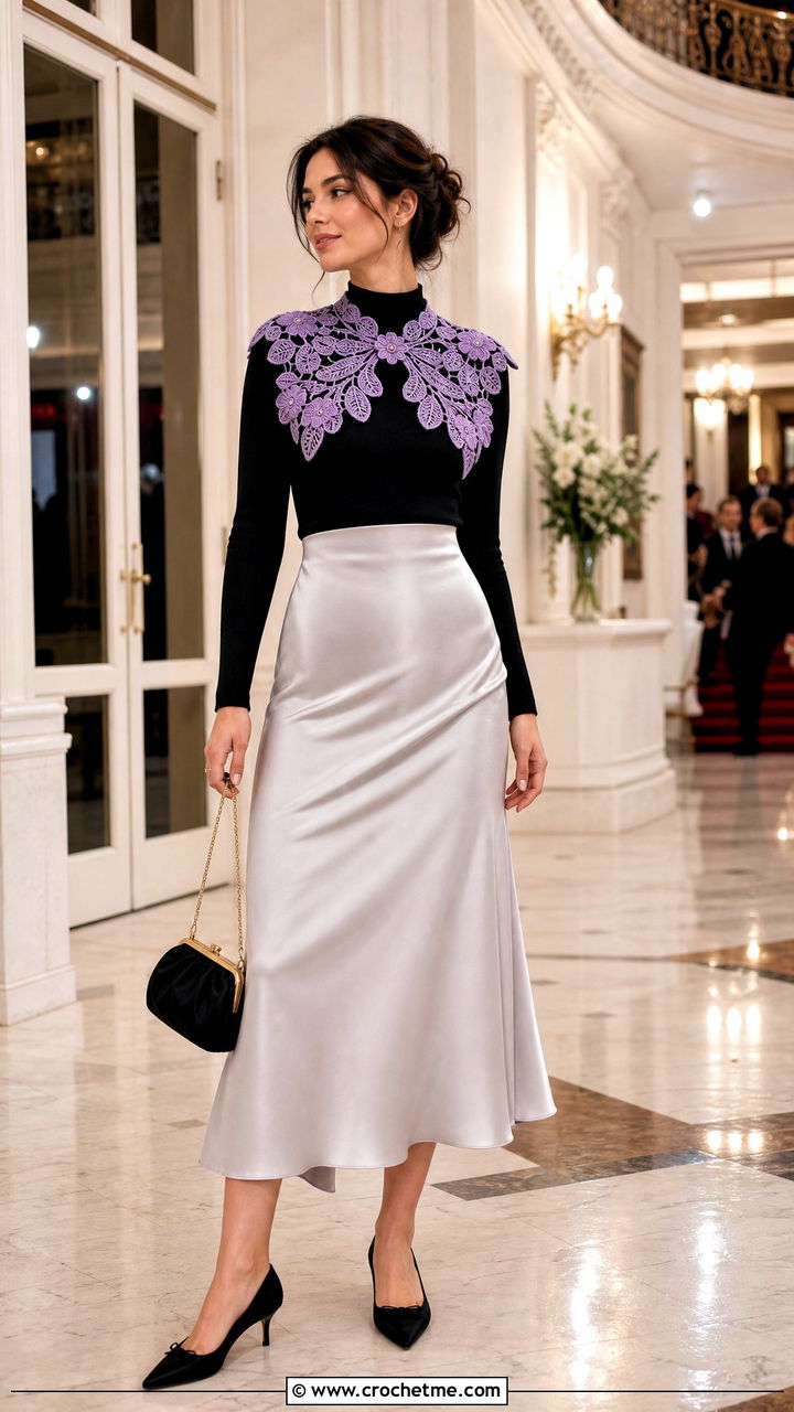 Irish Lace Crochet Collar With Satin Skirt - 35 crochet collars outfit ideas
