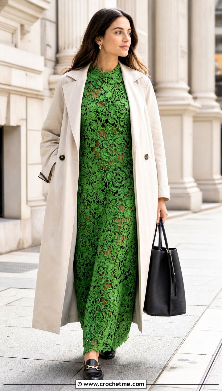Irish Lace Crochet Flower Dress With Trench Coat - 35 Crochet Flower Dress outfit ideas