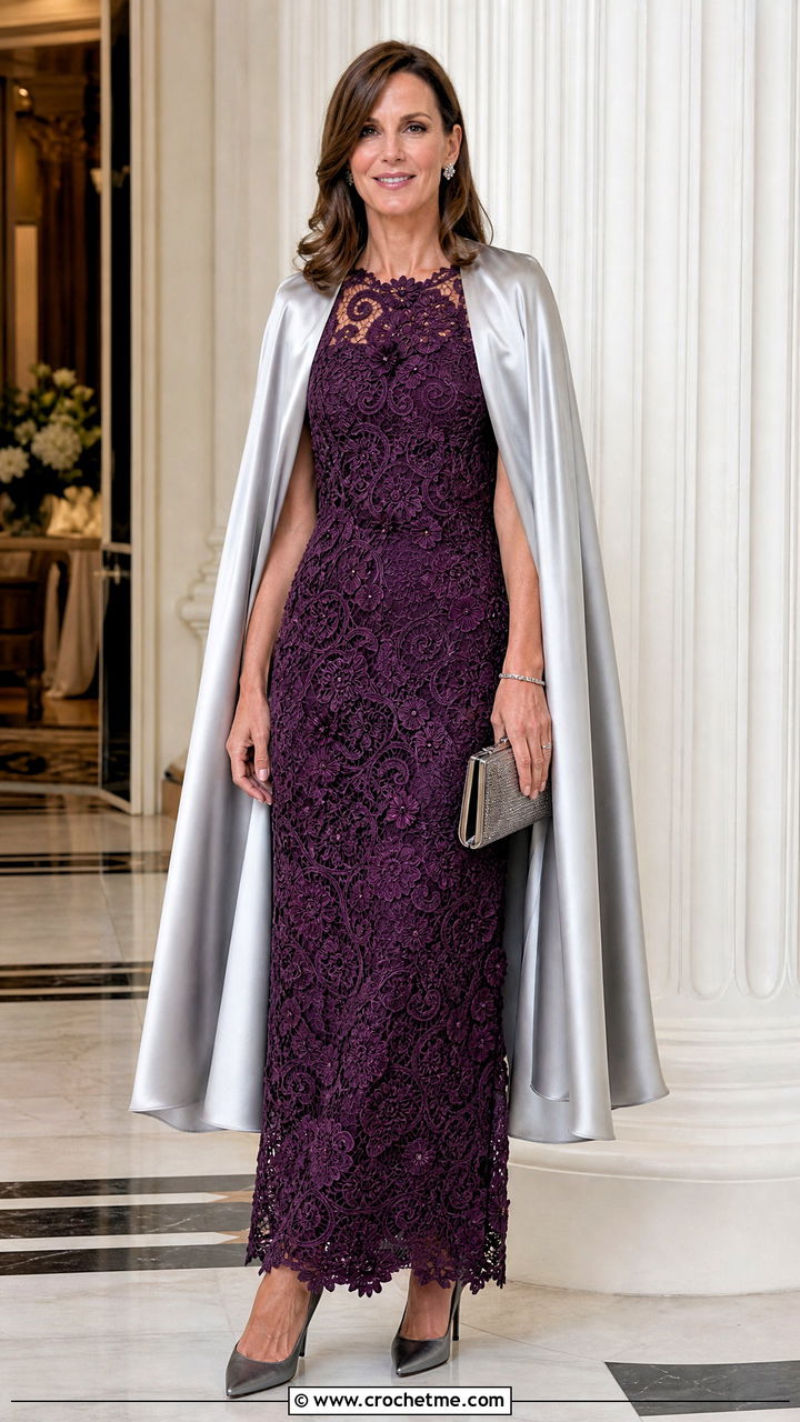 Irish Lace Crochet Gown With Satin Cape - 35 crochet formal dress outfit ideas