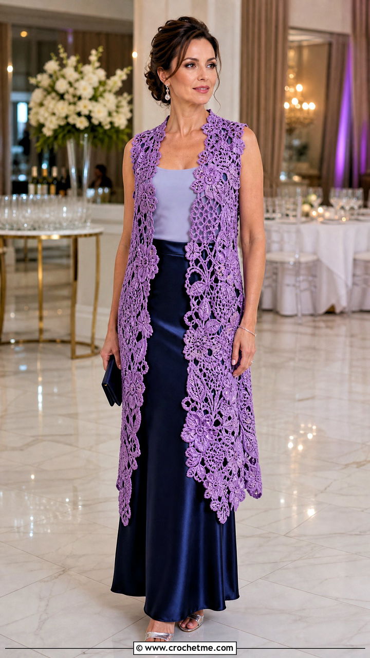 Irish Lace Crochet Long Vest With Satin Maxi Skirt - 35 Crochet Long Vest outfit ideas
