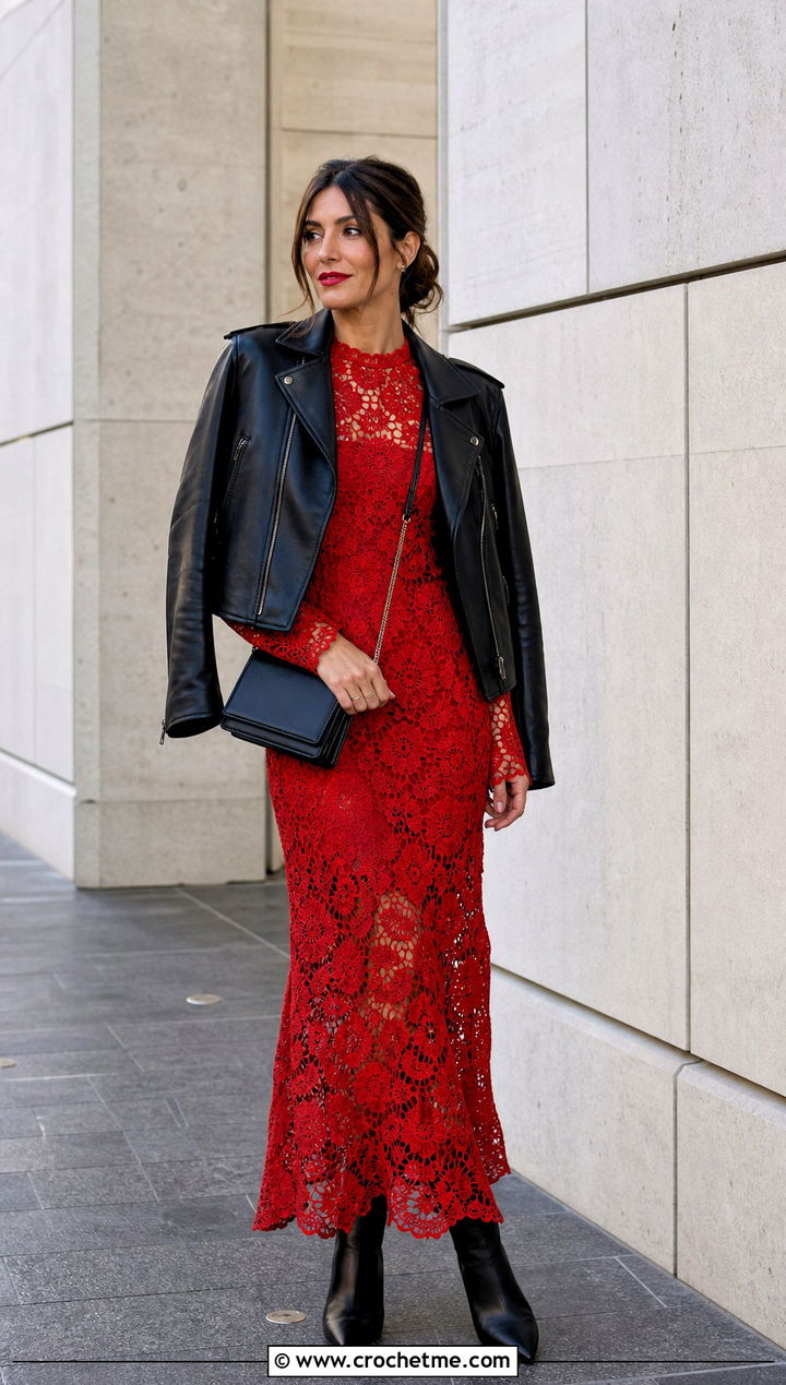Irish Lace Crochet Maxi Dress With Leather Jacket - 35 vintage crochet dress outfit ideas