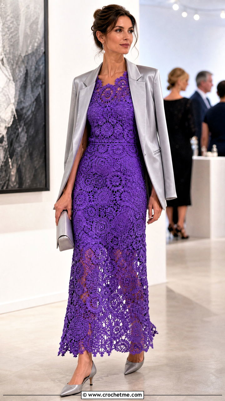 Irish Lace Crochet Maxi Dress With Satin Blazer - 35 Crochet Maxi Dress outfit ideas