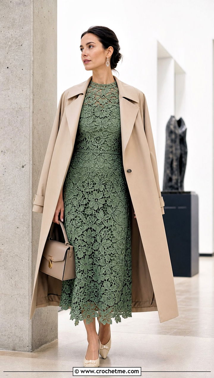 Irish Lace Crochet Midi Dress With Trench Coat - 25 boho crochet dress outfit ideas