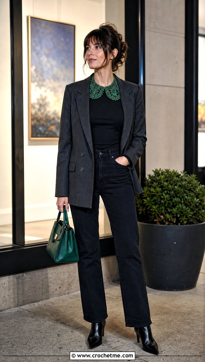 Irish Lace Crochet Peter Pan Collar With Black Jeans And Blazer - 35 crochet peter pan collar outfit ideas