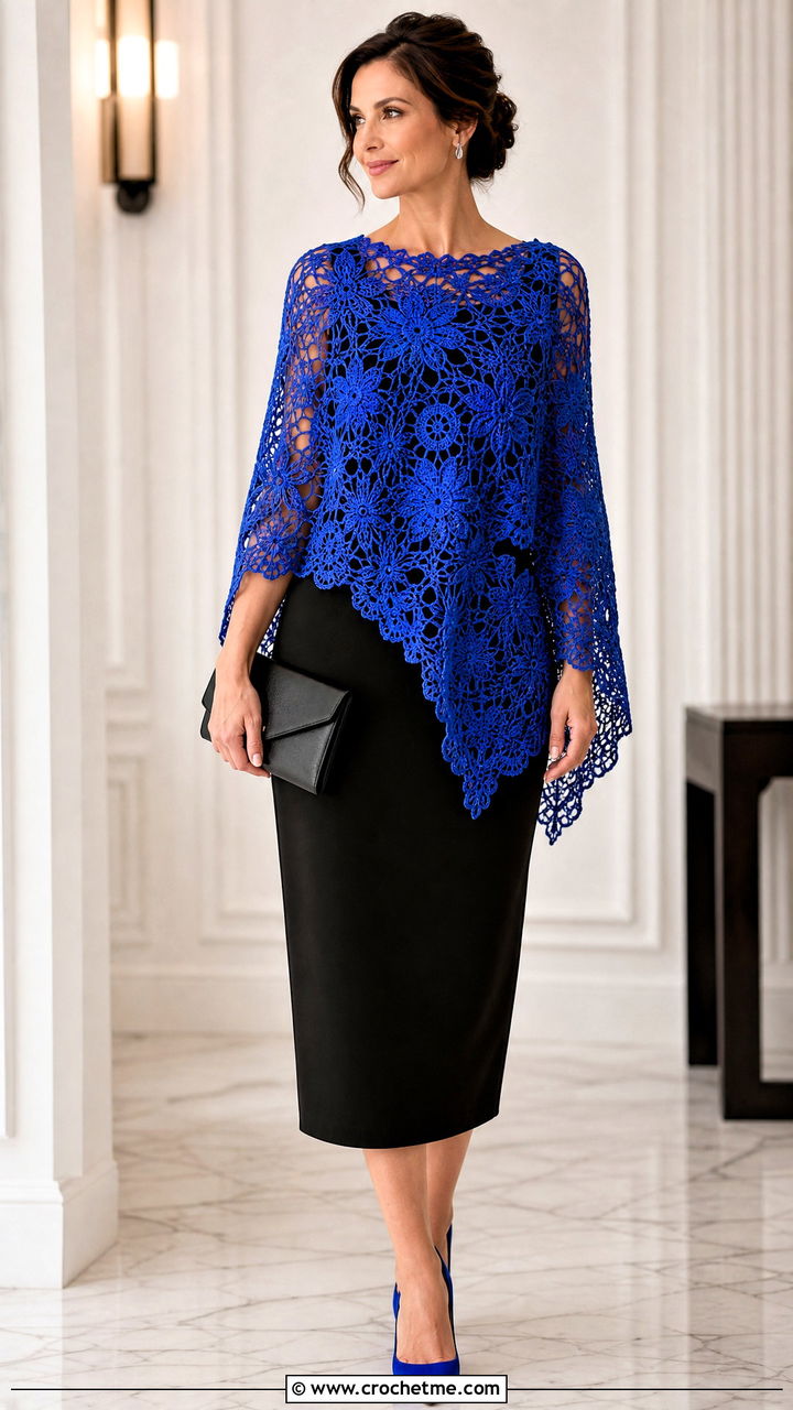 Irish Lace Crochet Poncho With Column Dress - 35 crochet poncho woman outfit ideas