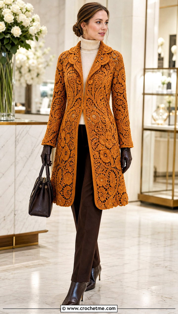 Irish Lace Crochet Redingote Jacket With Wool Trousers - 15 irish lace crochet jacket outfit ideas