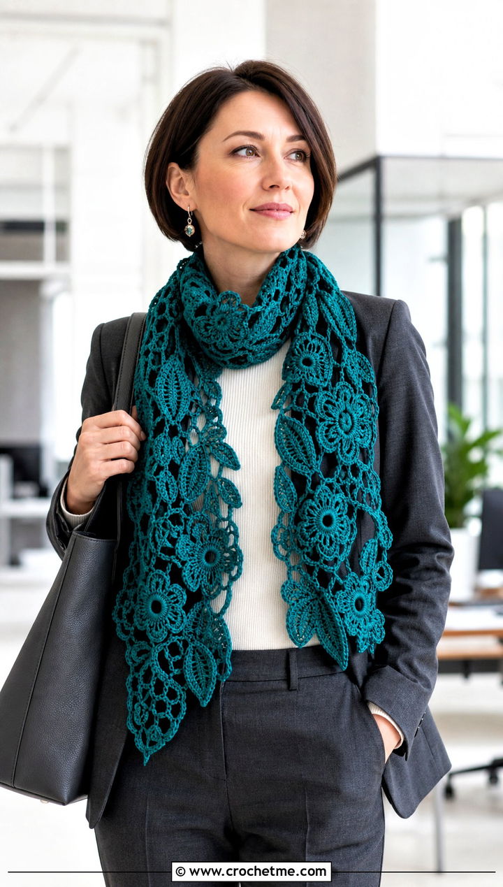 Irish Lace Crochet Scarf With Tailored Trousers - 15 Lacy Crochet Scarf outfit ideas