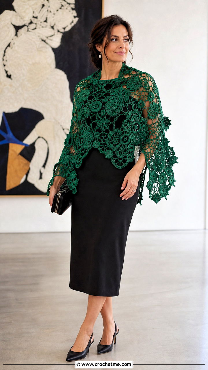 Irish Lace Crochet Shawl With Column Dress - 35 lacy crochet shawl outfit ideas