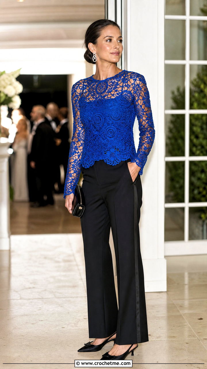 Irish Lace Crochet Sweater With Tuxedo Trousers - 35 crochet sweaters outfit ideas