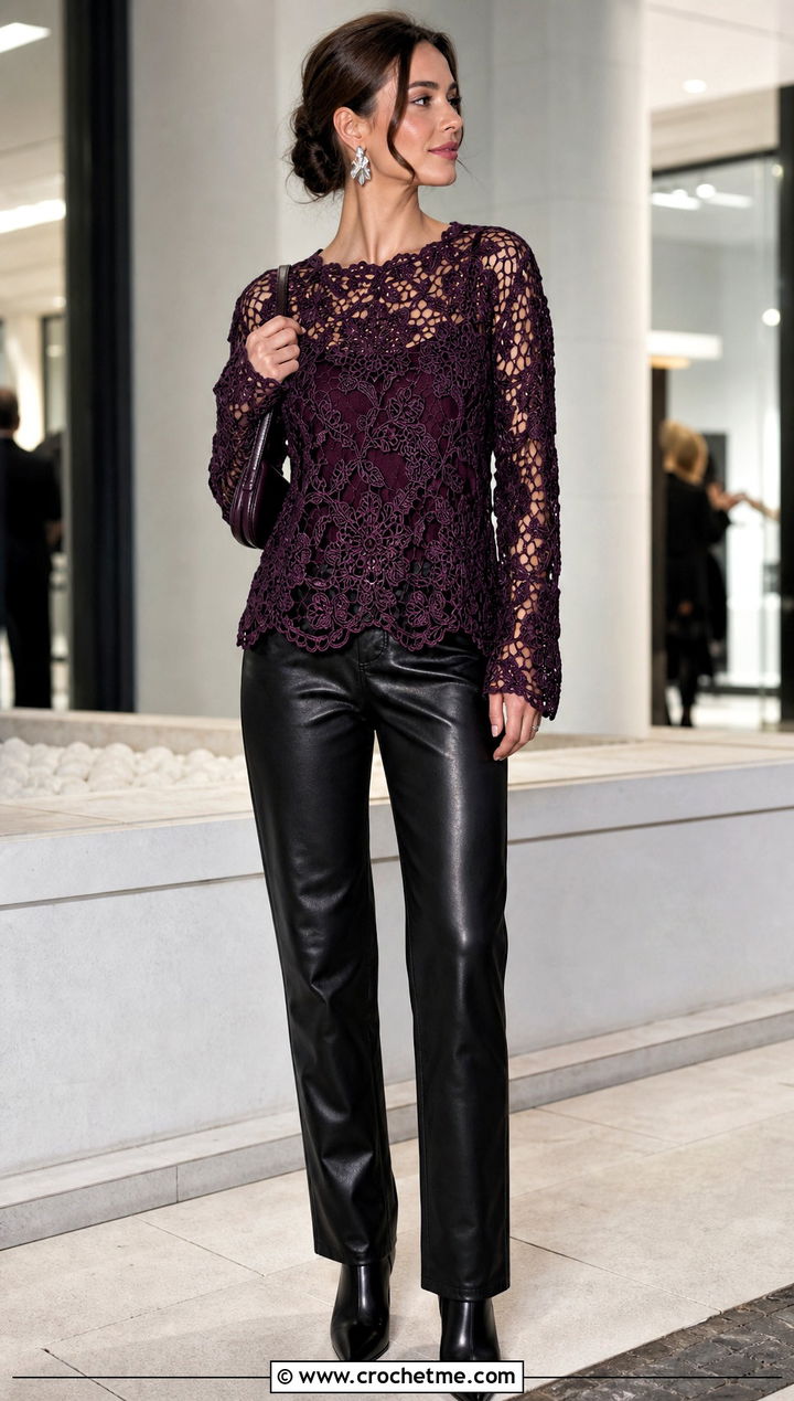 Irish Lace Crochet Top With Black Leather Pants - 15 vintage crochet top design outfit ideas