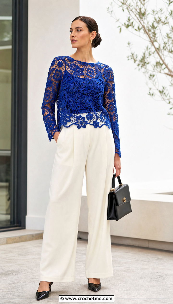 Irish Lace Crochet Top With Tailored Trousers - 15 crochet top with intricate outfit ideas