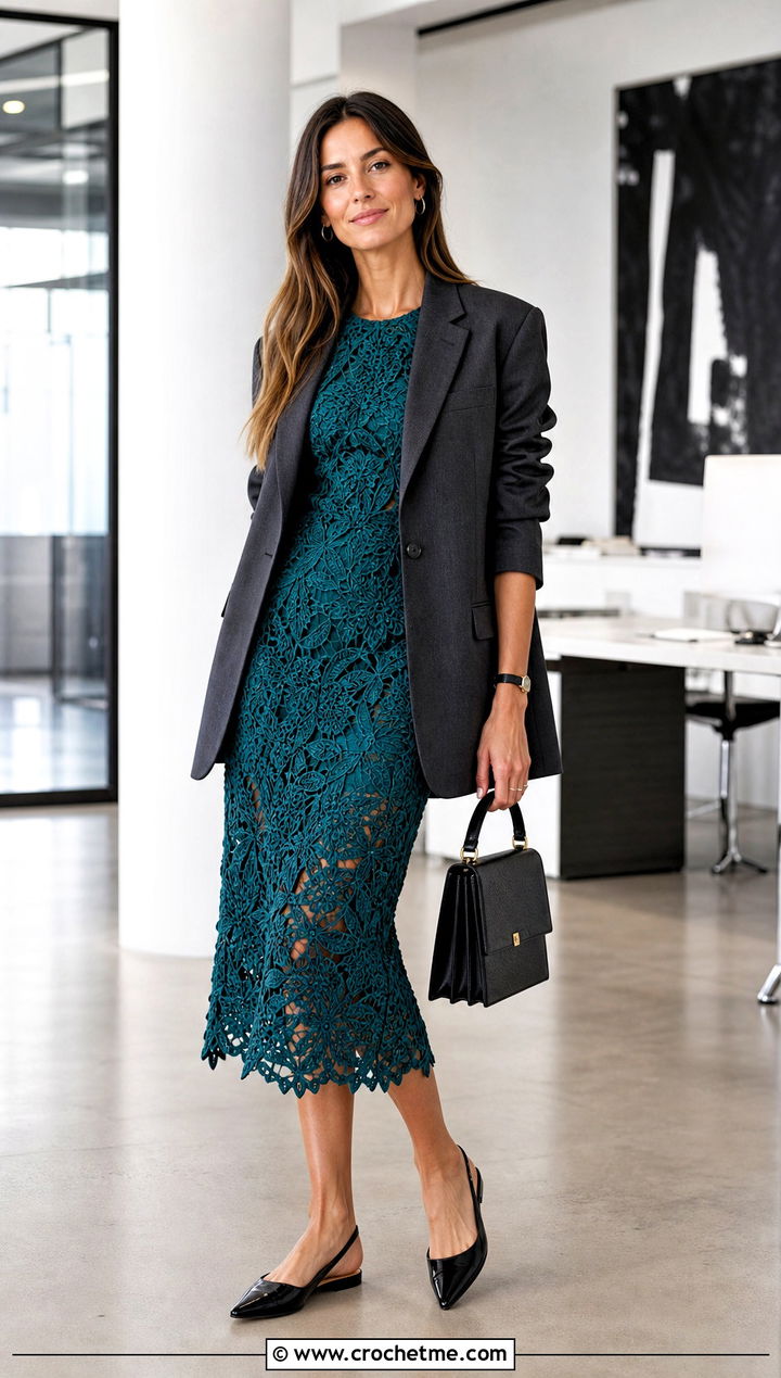 Irish Lace Floral Crochet Midi Dress With Blazer - 15 vintage floral crochet dress outfit ideas