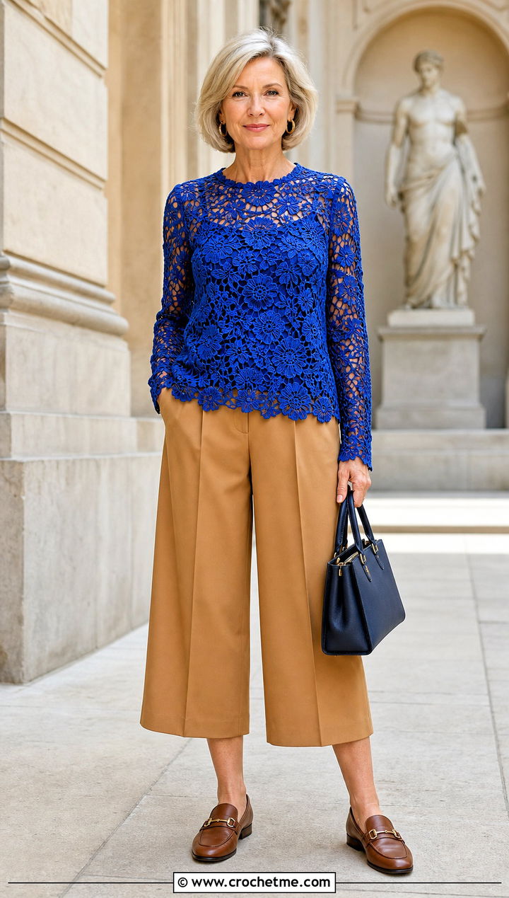 Irish Lace Flower Long Sleeve Top With Culottes - 25 Crochet Flower Top Long Sleeve outfit ideas