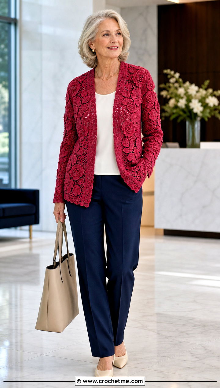 Irish Lace Motif Cardigan With Straight Leg Trousers - 30 crochet lacy cardigan outfit ideas