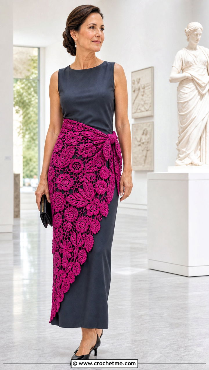Irish Lace Motif Crochet Sarong With Column Dress - 35 crochet sarong outfit ideas