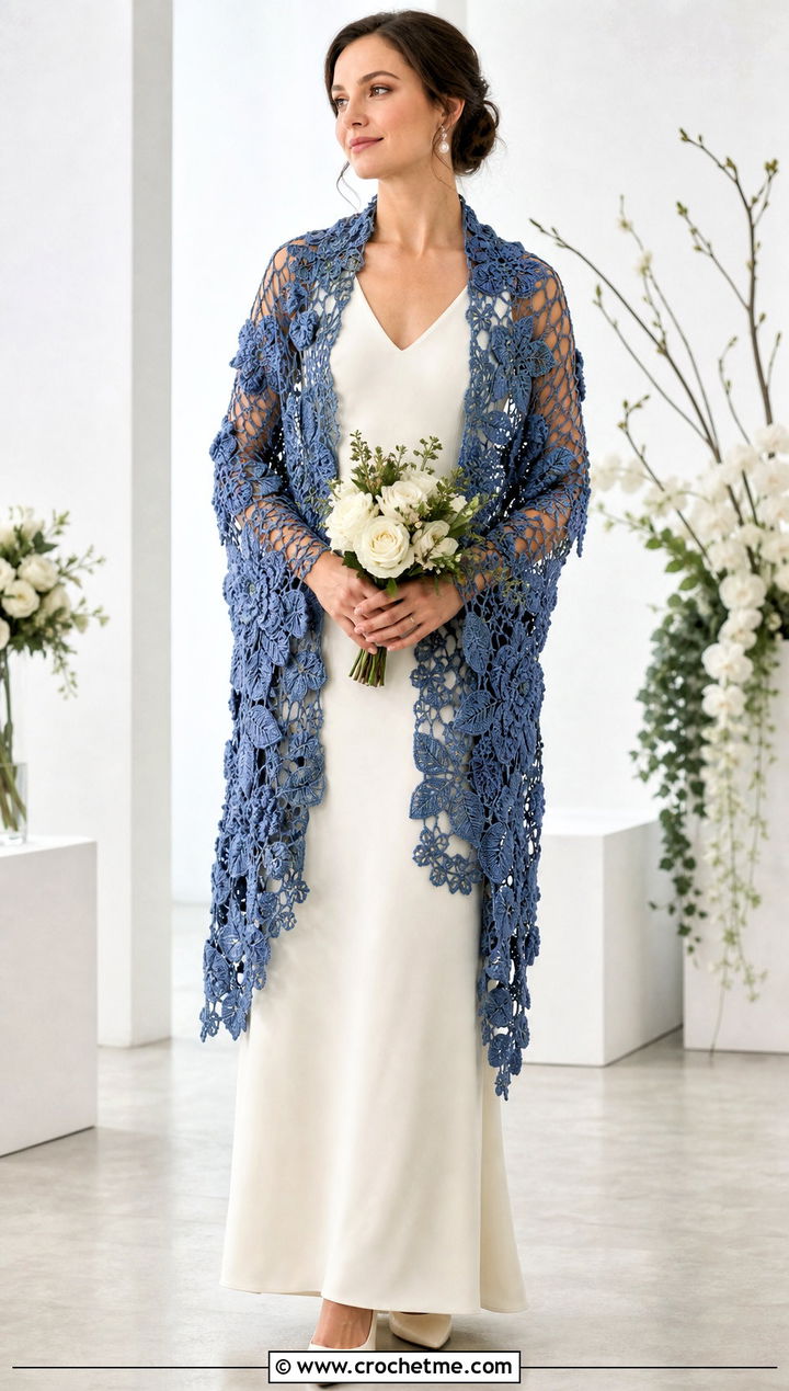 Irish Lace Wedding Shawl With Clean Bridal Gown - 35 crochet wedding shawl outfit ideas