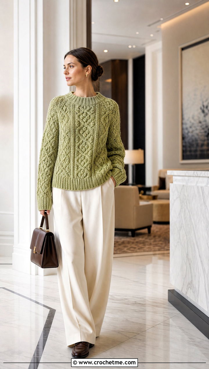 Irish Moss Cable Crochet Celtic Sweater With Wide Leg Trousers - 15 Crochet Celtic Sweater outfit ideas