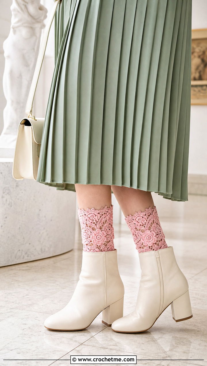 Irish Motif Lace Boot Cuffs With Pleated Skirt And Ankle Boots - 15 Crochet Lace Boot Cuffs outfit ideas