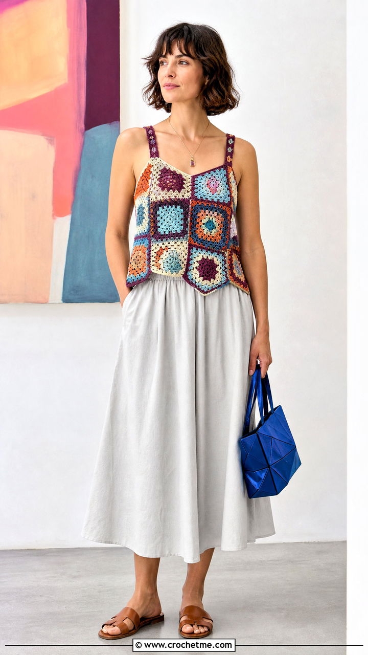 Irregular Granny Square Summer Top With A Line Midi Skirt - 35 granny square summer top outfit ideas
