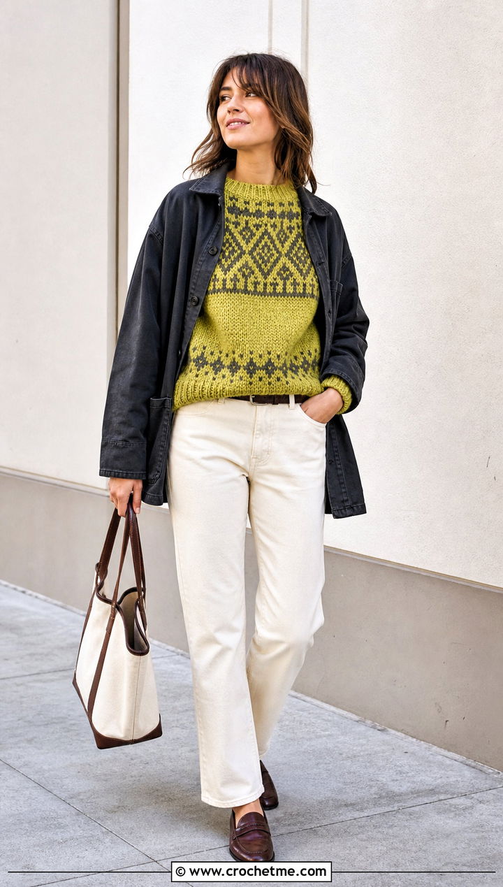 Islender Geometric Nordic Crochet Sweater With Ecru Jeans - 25 nordic crochet sweater outfit ideas