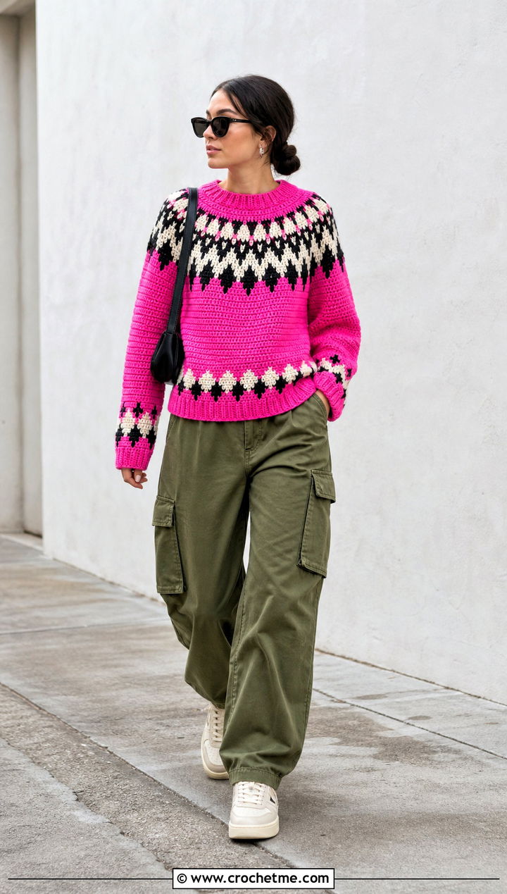 Islender Norwegian Crochet Sweater With Cargo Pants - 20 Norwegian Crochet Sweater outfit ideas