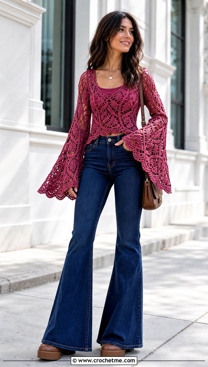 Ivy Crochet Bell Sleeve Top With Flared Jeans - 25 ivy crochet top outfit ideas