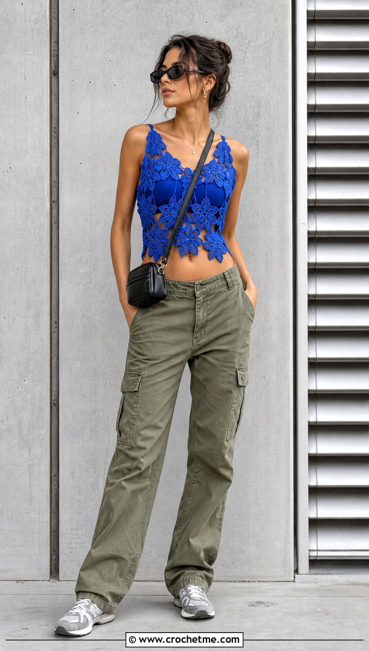 Ivy Leaf Crop Top With Cargo Pants - 25 ivy crochet top outfit ideas