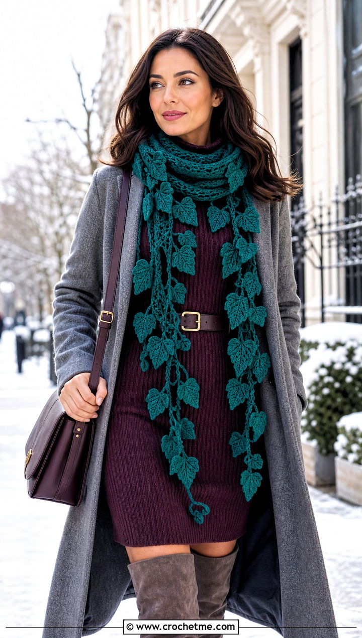 Ivy Leaf Scarf With Sweater Dress - 25 crochet leaf scarf outfit ideas