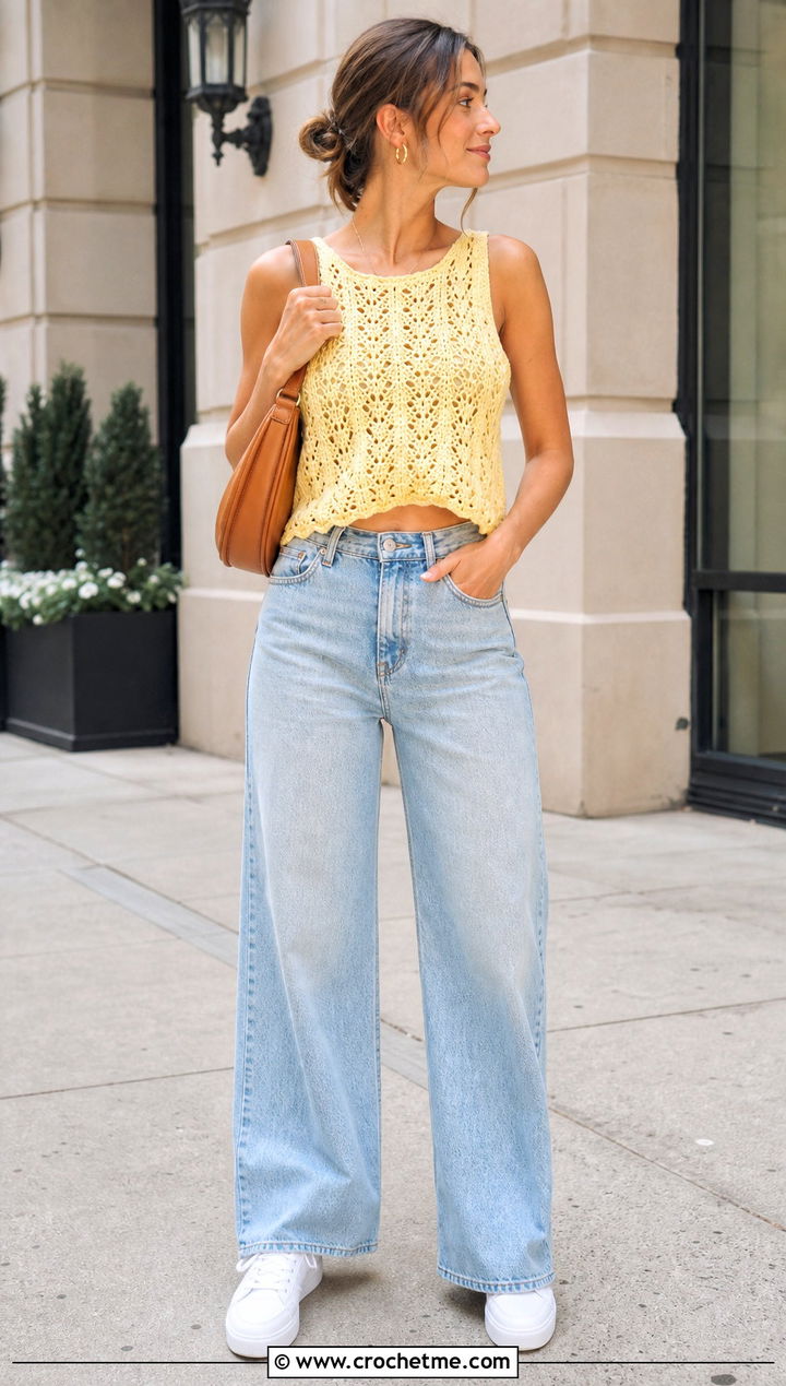 Ivy Mesh Tank Top With Wide Leg Jeans - 25 ivy crochet top outfit ideas