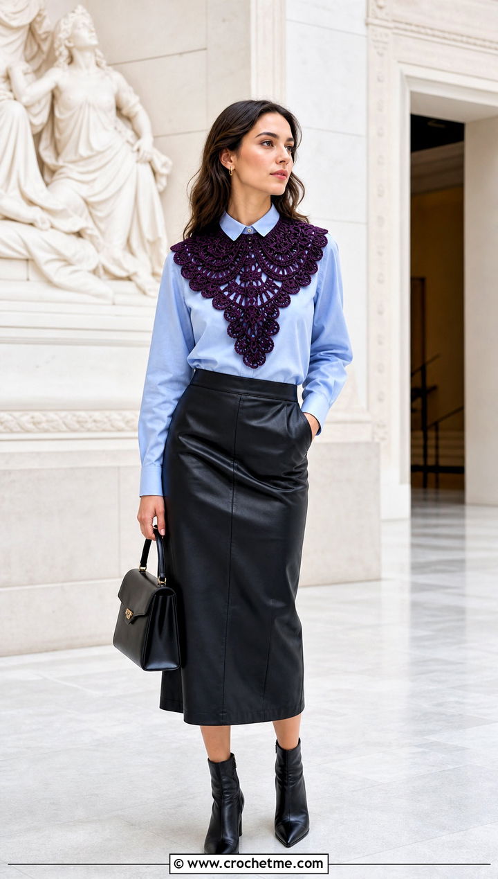Jabot Crochet Collar With Button Up Shirt And Leather Skirt - 15 Vintage Crochet Collar Design outfit ideas