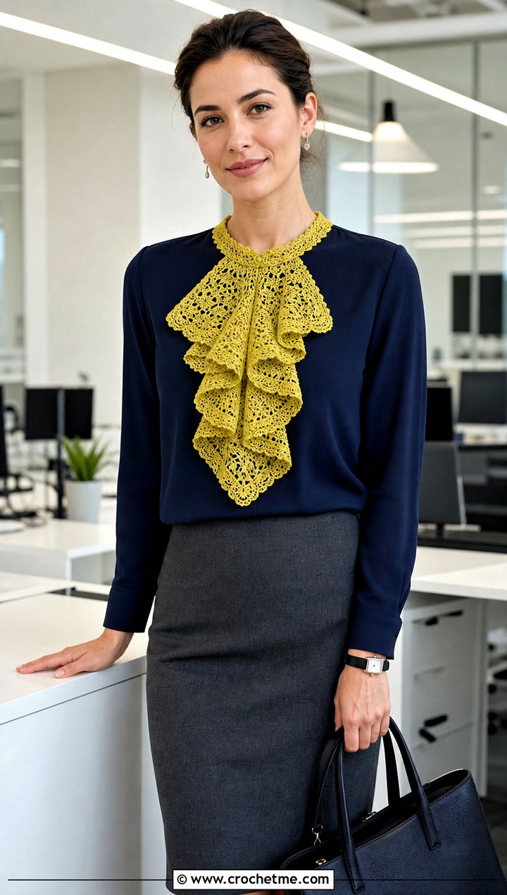 Jabot Lace Crochet Collar With Blouse And Pencil Skirt - 25 Lace Crochet Collar outfit ideas