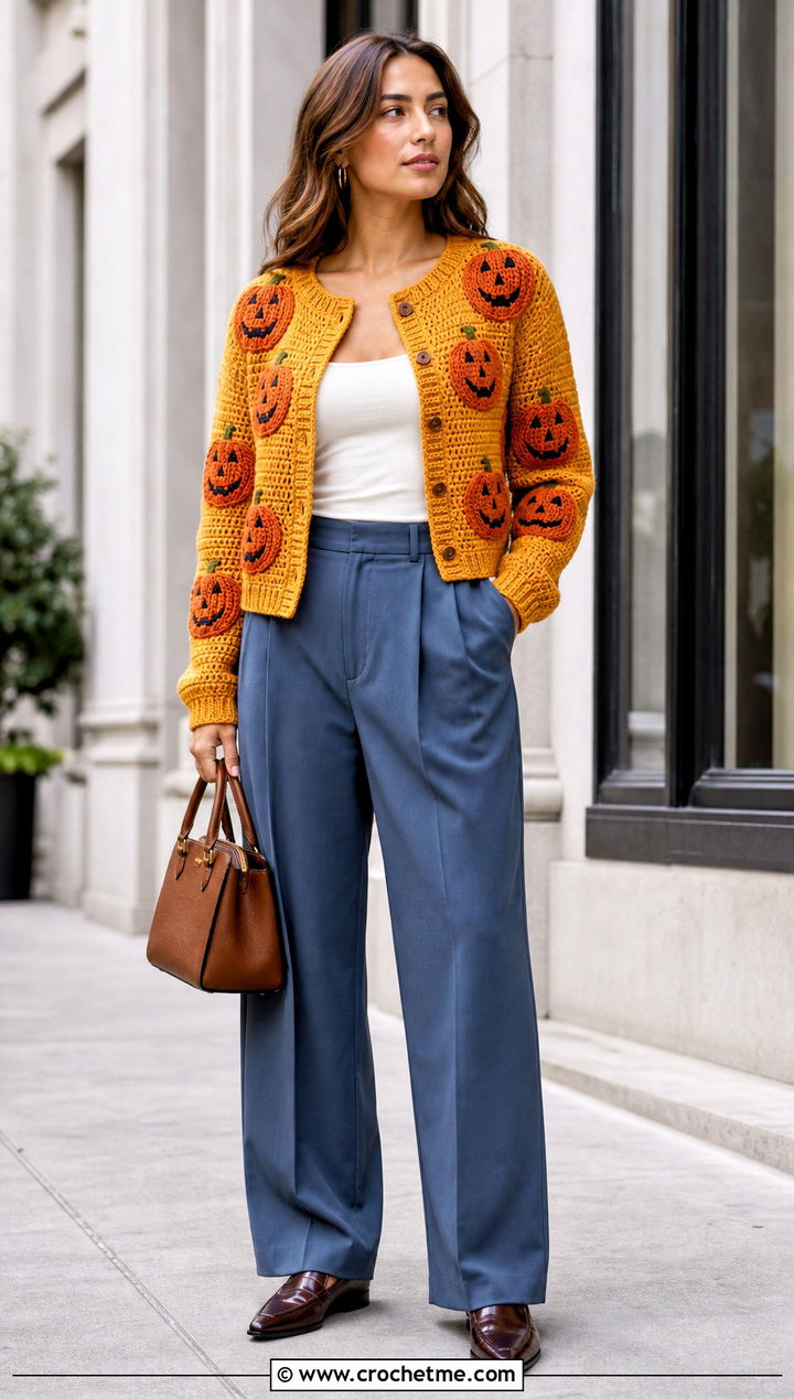 Jack O Lantern Crochet Crop Cardigan With Wide Leg Trousers - 20 Crochet Halloween Clothing and outfit ideas