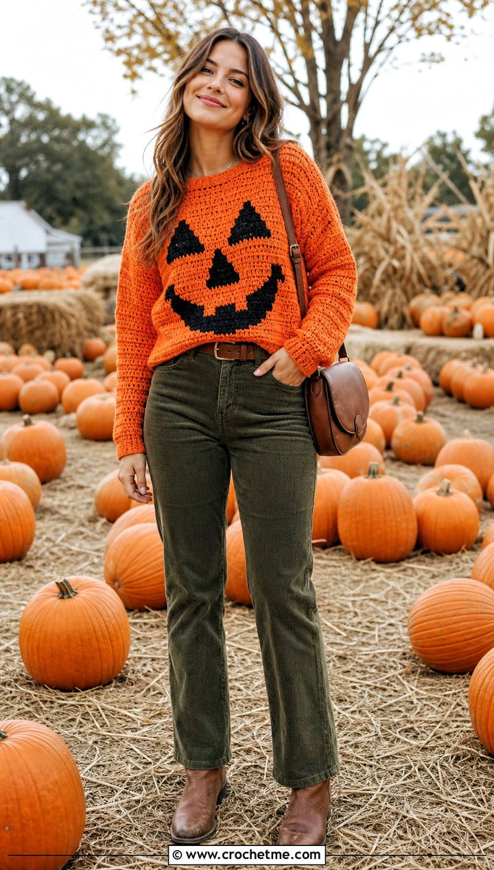 Jack O Lantern Crochet Halloween Sweater With Corduroy Pants - 35 Crochet Halloween Sweater outfit ideas