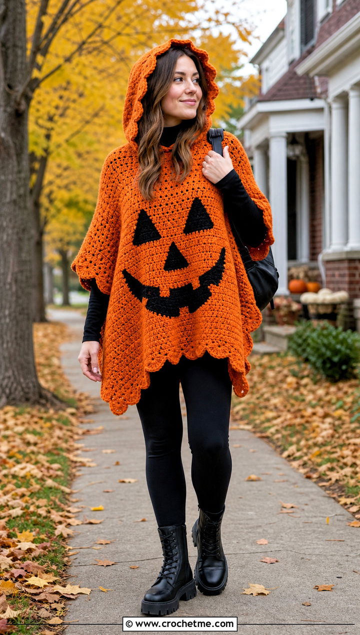 Jack O Lantern Crochet Poncho With Leggings - 35 halloween crochet clothes and outfit ideas
