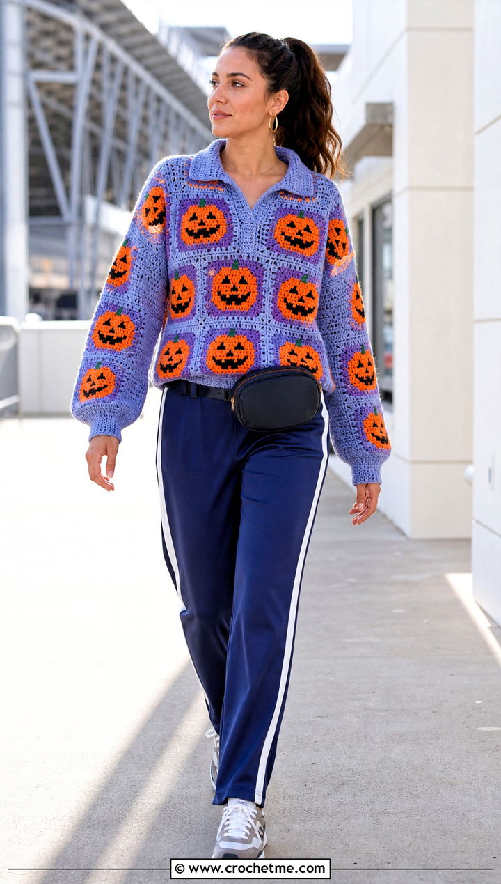 Jack O Lantern Granny Square Halloween Sweater With Track Pants - 15 Crochet Granny Square Halloween Sweater outfit ideas