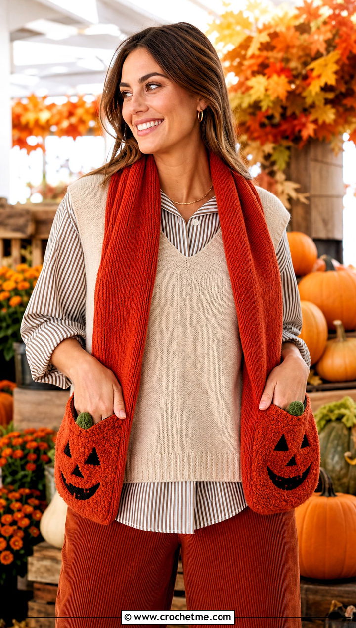 Jack O Lantern Pocket Halloween Scarf With Corduroy Pants - 20 crochet halloween scarf outfit ideas