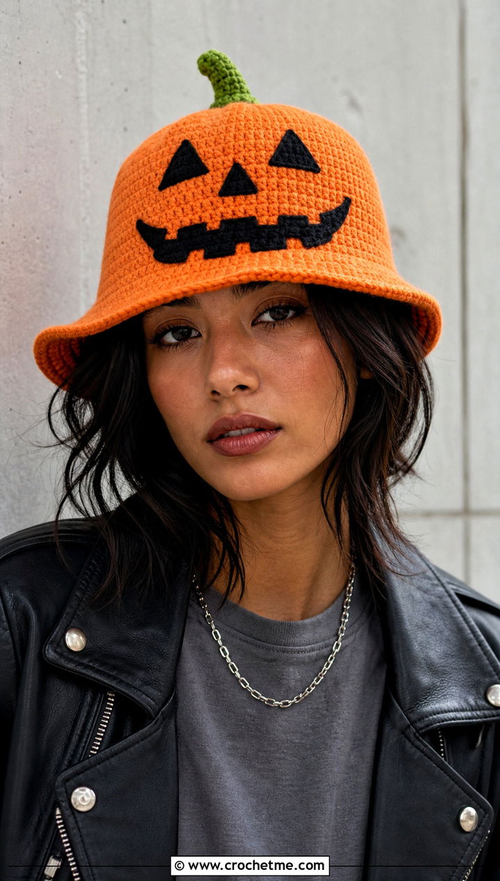 Jack O Lantern Pumpkin Bucket Hat With Leather Jacket - 30 crochet pumpkin bucket hat outfit ideas