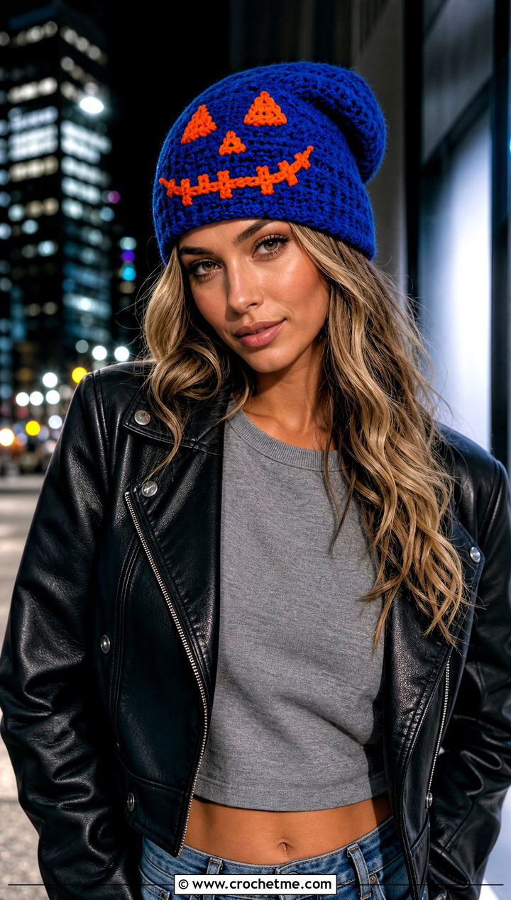 Jack O Lantern Slouchy Beanie With Leather Jacket - 25 Halloween Crochet Beanies outfit ideas