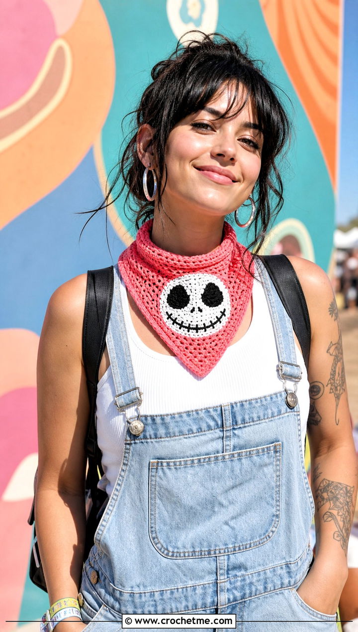 Jack Skellington Crochet Bandana Scarf With Overalls - 20 Crochet Jack Skellington Scarf outfit ideas
