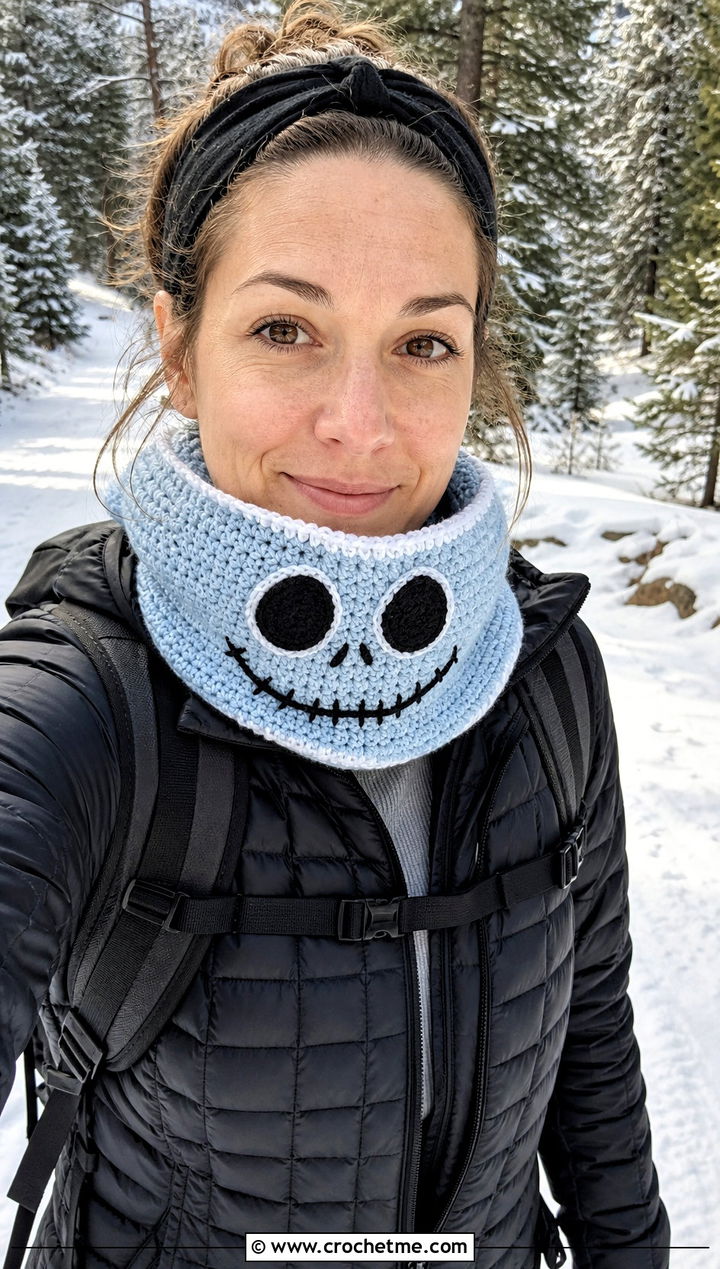 Jack Skellington Crochet Cowl Scarf With Quilted Jacket - 20 Crochet Jack Skellington Scarf outfit ideas